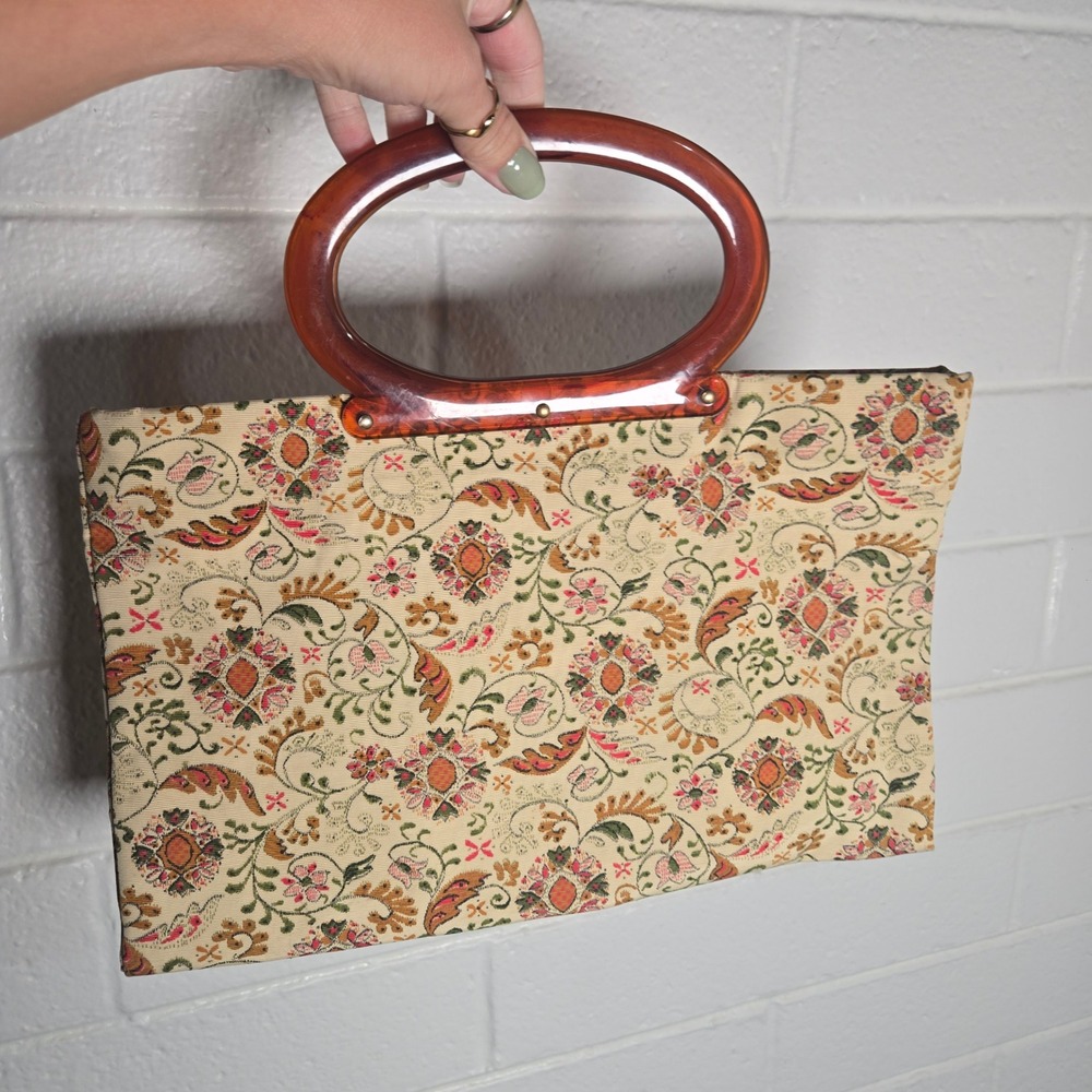 Vtg 1960s Lady's Pride Tapestry Lucite Womens Handbag Floral Paisley Large Retro